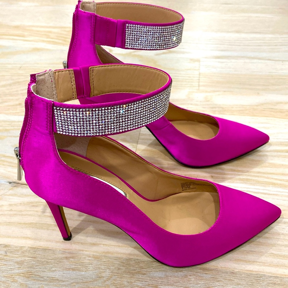 INC International Concepts Kaylynn fuchsia satin crystal ankle strap heel